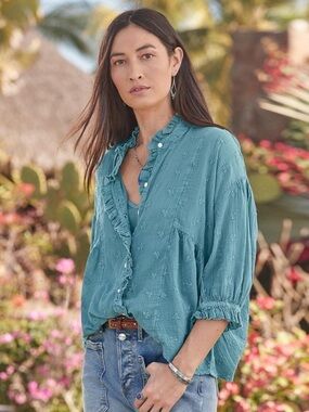 Sundance Shiloh Blouse L Smoke Blue Embroidered Ruffle Cotton Boho Peasant Top